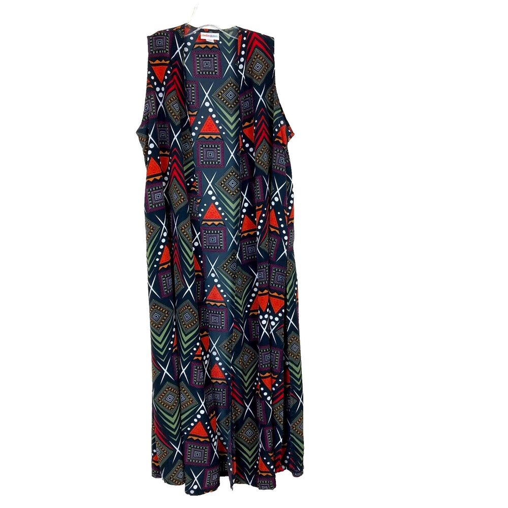 Lularoe Joy Vest Duster Size XS Geometric Black Multi Side Slits Boho Artwear